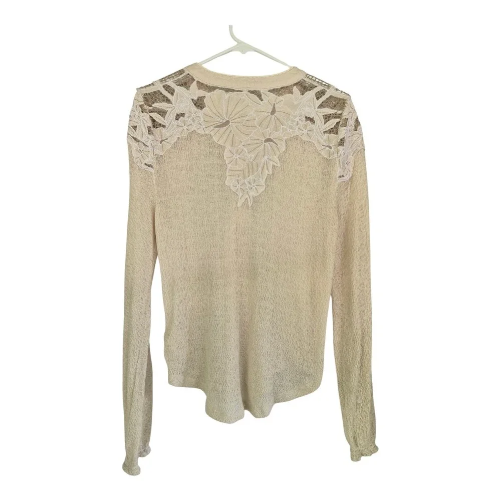 Free People Easy Breezy Henley-Floral Applique Beige Long Sleeve Top L